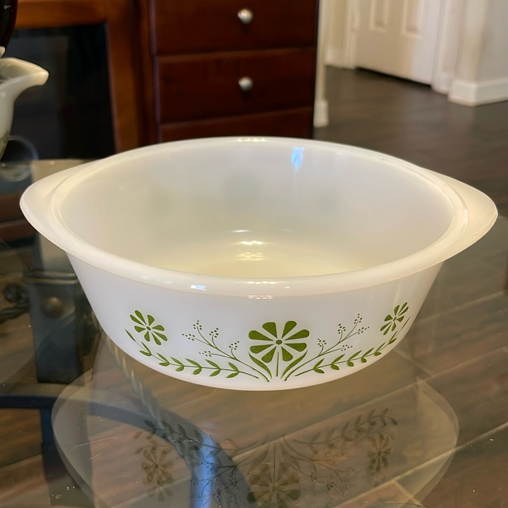 Vintage Glasbake milk glass baking bowl with green blossom print